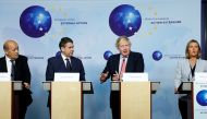 Britain's Foreign Secretary Boris Johnson attends a news conference with French Foreign Minister Jean-Yves Le Drian, German counterpart Sigmar Gabriel and European Union's foreign policy chief Federica Mogherini after meeting Iran's Foreign Minister Moham