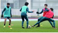 Qatari players in action during a practice session in Changzhou, China yesterday. 
