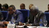 President of Ethiopia Hailemeriam Desalegn (L) and Chairperson of the African Union Commission Moussa Faki Mahamat (R) attend the peace talks of South Sudan meeting between Africa Union, United Nations and Intergovernmental Authority on Development in Add