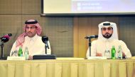  Khalid Abdullah Al Mana (left), Executive Director of Business Finance at Qatar Development Bank; and Abdulrahman Al Obaidly, Chairman of HiSky Tourism and Exhibitions during the press conference on Qatar Self Sufficiency Exhibition Sponsors,  yesterday.