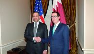 HE Sheikh Ahmed bin Jassem bin Mohammed Al Thani (left), Minister of Economy and Commerce, with US Secretary of the Treasury Steven Mnuchin, in Washington DC, US, yesterday.