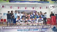 Galhinna Cricket Club the winners of the second edition of Kundapura Trophy celebrate their win.
