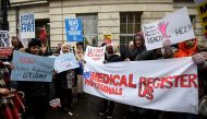 Protesters join a march to Downing Street organised by Health Campaigns Together and the People's Assembly to draw attention to the ongoing crisis in the NHS, in London on February 03, 2018. ( Kate Green - Anadolu Agency )