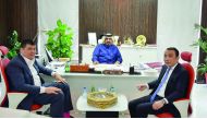 atar Chamber Vice-Chairman Mohamed bin Ahmed bin Towar Al Kuwari (centre) with Kazakhstan’s Ambassador to Qatar Askar Shokybayev (right) and CEO of the Astana’s International Financial Centre Norlan Kusenov during their meeting at Qatar Chamber headquarte