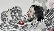 In this file courtroom sketch made on February 5, 2018 shows prime suspect in the November 2015 Paris attacks Salah Abdeslam (2nd L) prior to the opening of his trial at the 