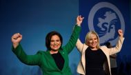 Newly elected Sinn Fein President Mary Lou McDonald (L) and new Deputy Michelle O'Neill celebrate on stage with party members at a special party conference, at which Gerry Adams formally stepped down as President, in Dublin, Ireland, February 10, 2018. RE
