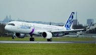 The Airbus A321 LR neo (long range) test plane lands at Le Bourget airport, near Paris after its first transatlantic flight on February 13, 2018. AFP / Eric Piermont