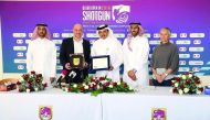 Qatar Shooting and Archery Association (QSAA) President Ali Mohammed Al Kuwari Antonella, Competition Director and other officials pose for a photograph during a 2018 Qatar Open Shotgun Championship press conference at Losail Shooting Range yesterday.