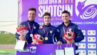 Andrea Vescovi (centre), winner in the Double Trap event at the Qatar Open Shotgun Championship is flanked by compatriots Daniele de Spigno (left) and Aegnazio Tronca at the all-Italian podium finish at the Losail Shooting Range yesterday.