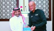 Pierluigi Collina, Chairman of the Referees’ Committee at FIFA, and Hani Ballan, Vice Chairman of FIFA Referees’ Committee, Chairman of AFC Referees’ Committee, and Chairman of QFA Referees’ Committee, in Doha yesterday. 