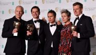 British-Irish filmmaker Martin McDonagh (L), producer Peter Czernin (2L), supporting actor award winner US actor Sam Rockwell, and British producer Graham Broadbent (R) pose with leading actress award winner US actress Frances McDormand (2R) after receivi