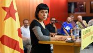(FILES) In this file photo taken on October 08, 2015 CUP Catalan political party's deputy Anna Gabriel speaks during a conference to present their conditions to negotitate with the Catalan coalition 'Junts pel Si' (Together for the Yes) after the regional