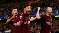Barcelona’s Lionel Messi celebrates scoring their first goal with Andres Iniesta (R) and Jordi Alba (L) Action Images via Reuters/Andrew Boyers