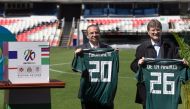 (L to R)Alfonso Navarrete, and Mexican Tourism minister, Enrique de la Madrid pose for a picture during the launching of Mexico, US and Canada candidacy to organize the FIFA World Cup 2026, at the Azteca stadium in Mexico City on February 16, 2018.  AFP /