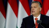 Hungarian Prime Minister Viktor Orban delivers his annual state of the nation speech in Budapest, Hungary, February 18, 2018. Slogan reads 