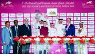 Jockey Martin Harley celebrates his win after clinching the Irish Thoroughbred Marketing Cup at the Qatar Racing and Equestrian Club in Al Rayyan yesterday. Harley guided Pleaseletmewin to victory in the 1600m race. 