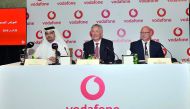 FROM LEFT: Sheikh Hamad bin Abdullah Al Thani, Vodafone Qatar COO, Ian Gray, Vodafone Qatar CEO and Brett Goschen, Chief Financial Officer at Vodafone Qatar announcing the Company’s financial results at the Four Seasons , yesterday. Pic: Baher Amin/The Pe