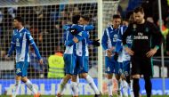 Espanyol's Spanish forward Gerard Moreno (CL) celebrates a goal during the Spanish league football match between RCD Espanyol and Real Madrid CF at the RCDE Stadium in Cornella de Llobregat on February 27, 2018. / AFP / Josep LAGO