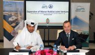 The Chief Executive Officer of Nakilat, Abdullah Al Sulaiti (left) and Chairman of Maran Gas, John Angelicoussis at the signing ceremony.