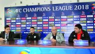 Al Sadd coach Jesualdo Ferreira (second right) speaking to journalists ahead of their AFC Champions League clash against Nasaf at Qarshi Markaziy Stadium in Qarshi, Uzbekistan today. 
