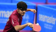 A player returns the ball during the 2018 ITTF World Tour Platinum Qatar Open in Doha yesterday.