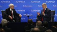 David Rubenstein, (L), president of the Economic Club of Washington, interviews Israeli Prime Minister Benjamin Netanyahu during a breakfast hosted by the Economic Club, on March 7, 2018 in Washington, DC. Mark Wilson/Getty Images/AFP