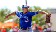 Toronto Blue Jays starting pitcher Aaron Sanchez (41) throws a pitch during the first inning of a Spring Training baseball game against the Baltimore Orioles at Ed Smith Stadium. Mandatory Credit: Butch Dill-USA Today Sports