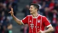 Bayern Munich's Robert Lewandowski celebrates scoring their sixth goal REUTERS/Michael Dalder 
