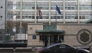 An outside view of The British embassy is seen in the background in Moscow, Russia on March 16, 2018. Britain has expelled 23 Russian diplomats in a standoff with Russia over the 