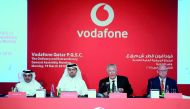 Ian Gray (second right), outgoing CEO of Vodafone Qatar with Sheikh Hamad bin Abdullah Al Thani, (second left), CEO of Vodafone Qatar; Nasser Al Marri (left), Board Member; and Brett Goschen, Chief Financial Officer, during the Annual General Meeting of V