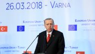 President of Turkey Recep Tayyip Erdogan, at a press conference after Turkey-EU Summit in Varna, Bulgaria on March 26, 2018. (Kayhan Özer - Anadolu Agency)