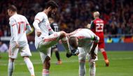 Spain's Isco celebrates scoring their third goal with Sergio Ramos REUTERS/Juan Medina
