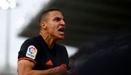 Valencia's Brazilian-Spanish forward Rodrigo Moreno celebrates after scoring a goal during the Spanish League football match between Leganes and Valencia at the Butarque stadium on April 1, 2018. / AFP / Benjamin CREMEL