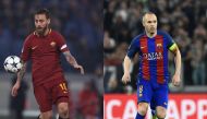 (COMBO) Roma's Italian midfielder Daniele De Rossi (L) and Barcelona's midfielder Andres Iniesta . AFP / Filippo MONTEFORTE AND MIGUEL MEDINA

