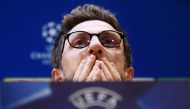Roma's coach Eusebio Di Francesco gives a press conference at the Olympic Stadium in Rome on April 9, 2018 on the eve of the UEFA Champions League quarter final return football match Roma vs Barcelona. / AFP / FILIPPO MONTEFORTE