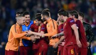 Players of AS Roma celebrate after the UEFA Champions League quarters soccer match between AS Roma and FC Barcelona at the Stadio Olimpico in Rome, Italy on April 10, 2018.Claudio Pasquazi/ Anadolu Agency