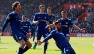 Chelsea's Olivier Giroud celebrates scoring their third goal with Marcos Alonso, Cesar Azpilicueta and team mates REUTERS/Ian Walton 