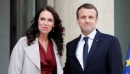 French President Emmanuel Macron (R) greets New Zealand Prime Minister Jacinda Ardern (L) upon her arrival at the Elysee Palace in Paris, France, April 16, 2018. Reuters/Charles Platiau

