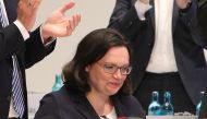 Parliamentary group leader of the Social Democratic Party (SPD) Andrea Nahles reacts after being elected as chairwoman of the German Social Democratic Party SPD during a party rally in Wiesbaden, Germany, on April 22, 2018.   AFP / Daniel ROLAND
