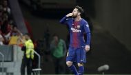 Lionel Messi of Barcelona celebrates after scoring a goal during Copa del Rey Final soccer match between Sevilla and Barcelona at Wanda Metropolitano Stadium in Madrid, Spain on April 21, 2018. Burak Akbulut - Anadolu
