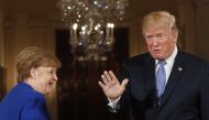 US President Donald Trump and Germany's Chancellor Angela Merkel depart after a joint news conference in the East Room of the White House in Washington April 27, 2018. Reuters/Kevin Lamarque