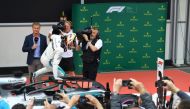 Lewis Hamilton of Mercedes celebrates after winning the first place of the 4th round of Formula One World Championship Azerbaijan Grand Prix, on April 29, 2018 in Baku, Azerbaijan. Resul Rehimov - Anadolu
