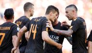 Roma's Patrik Schick celebrates scoring their first goal with teammates REUTERS/Ciro De Luca

