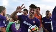 Fiorentina's Giovanni Simeone celebrates his hat-trick after the match REUTERS/Alberto Lingria
