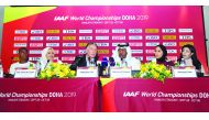 Sheikha Asma Al Thani (second left), Director of Marketing and Communications of Doha 2019 World Championships Local Organising Committee (LOC), Sebastian Coe (third left), President of the International Association of Athletics Federations (IAAF), Vice C