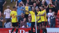 Watford's Roberto Pereyra celebrates scoring their first goal with teammates REUTERS/Ian Walton 
