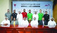 The players, captains and coaches of Al Rayyan and Al Ahli pose for a picture on the eve of the Amir Cup Volleyball final at Qatar Volleyball Association Indoor Hall today at 7 pm.