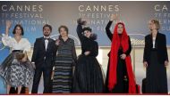 Cast members Behnaz Jafari and Marziyeh Rezaei pose with director Jafar Panahi's daughter Solmaz and son Panah and France's Minister of Culture Francoise Nyssen. REUTERS/Jean-Paul Pelissier