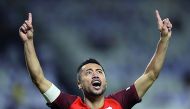 Rodrigo Tabata celebrates a goal against Al Gharafa on Saturday. 