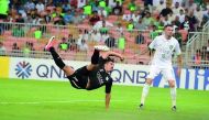 Al Sadd’s Bhagdad Bounedjah shoots at the goal during the AFC Champions League Round of 16 Second Leg match against Al Ahli on Monday.